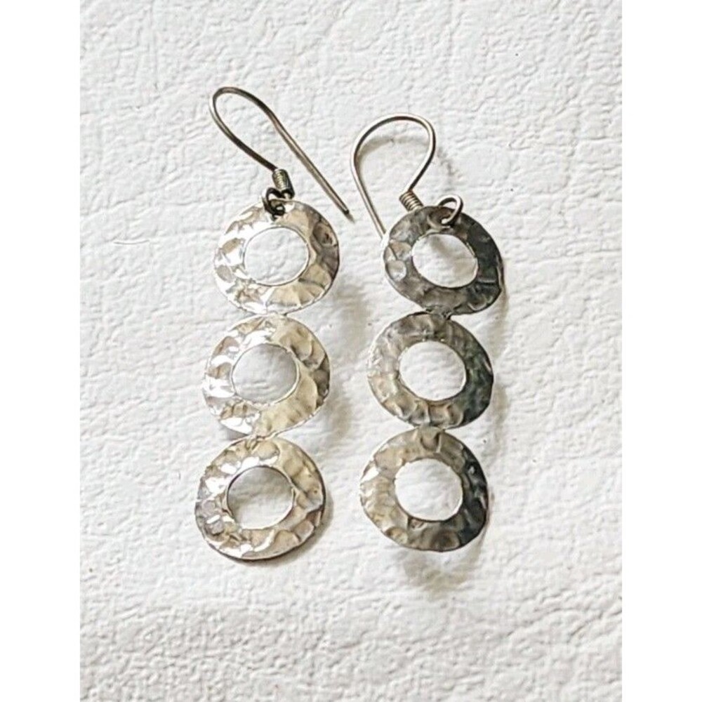 Modernist sterling Silver 925 Hammered Triple Hoop Pierce earrings